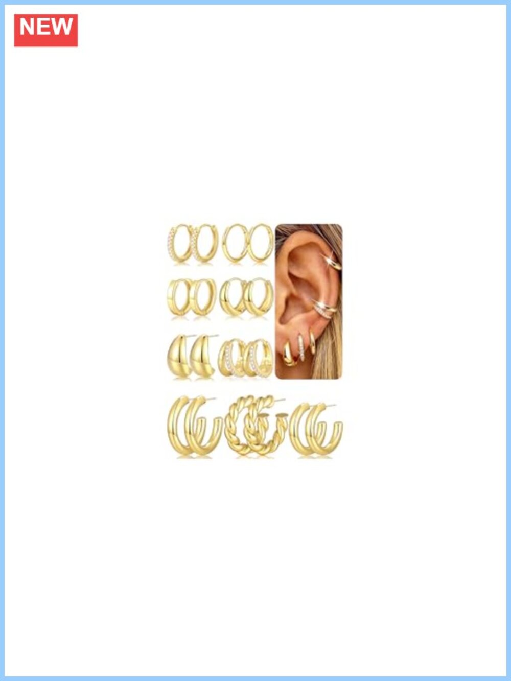 9 Pairs Gold Hoop Earrings 14K Gold Plated Hypoallergenic Stackable Set